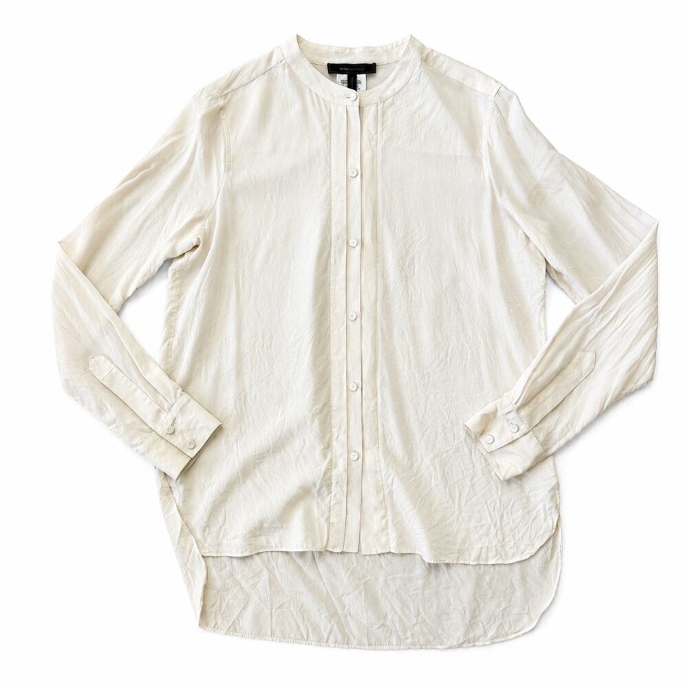BCBGMAXAZRIA Ivory Pleated Silk Button Down Blouse Women’s Size Small